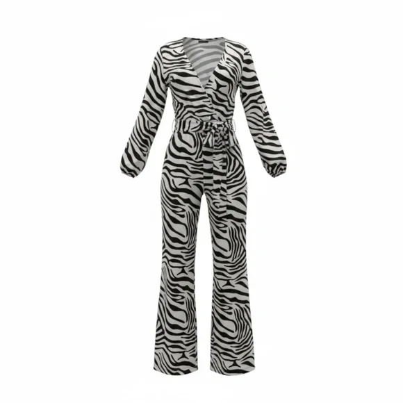 S.DEER Chic Zebra Print Wrap Jumpsuit-Long SleeveBelted V-Neck, Trendy NWT - Picture 3 of 4